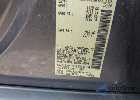 2015 Nissan Altima 2.5 Sv из США, поврежденный, VIN 1N4AL3AP9FC236054